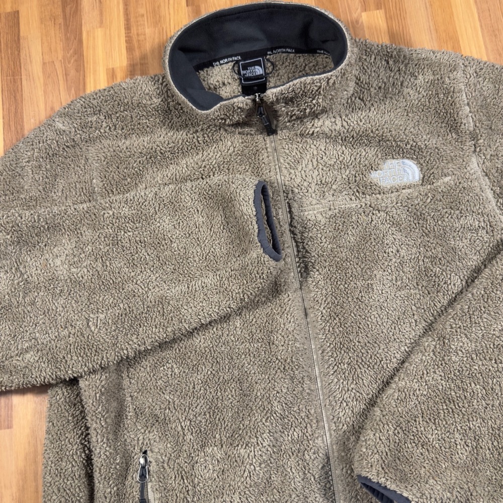 The North Face Sherpa Fleece Jacket Taupe Brown Full Zip Mock Neck Mens L